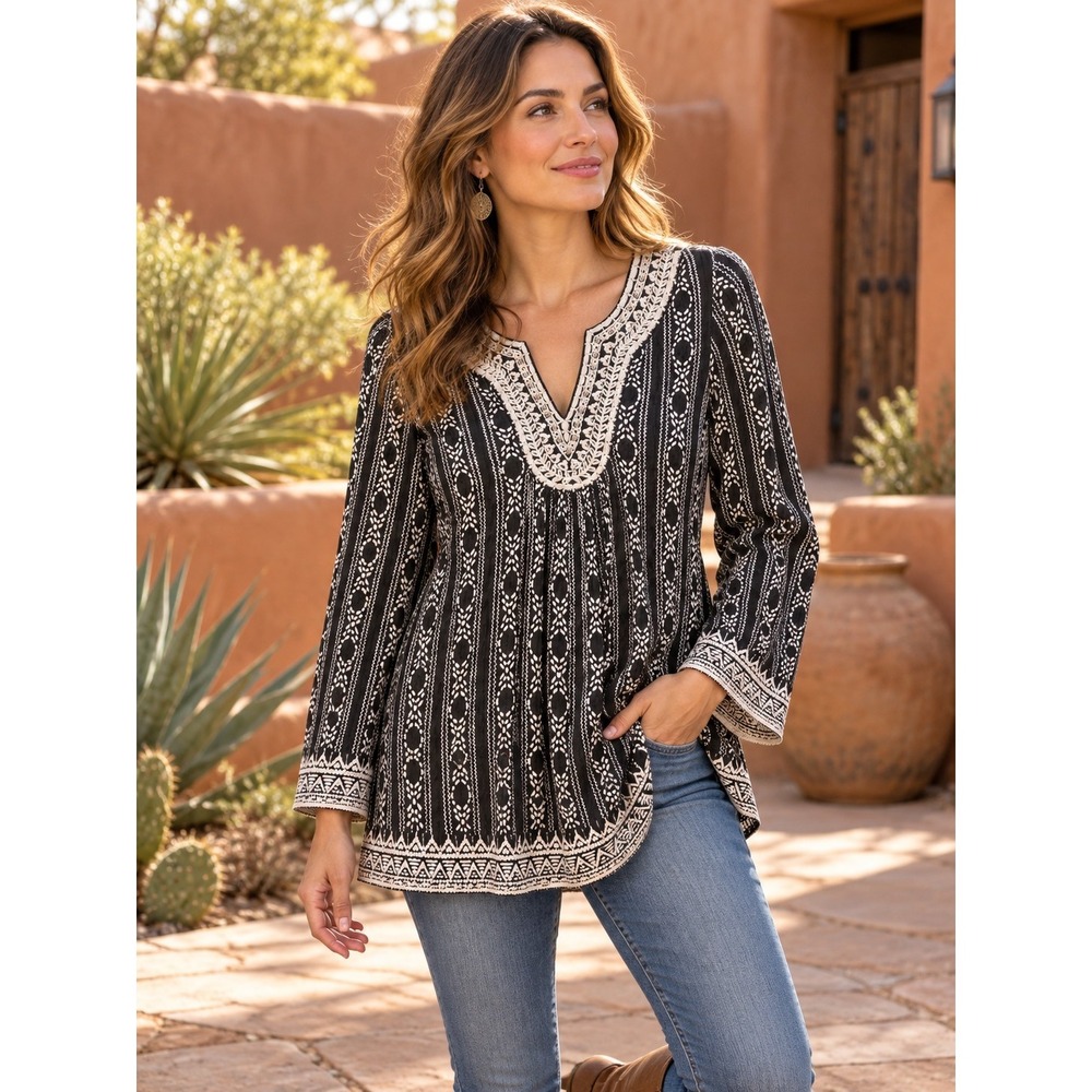 Lucky Brand Boho Folk Art Tunic Blouse Womens Large Linen Blend Artisan Peasant